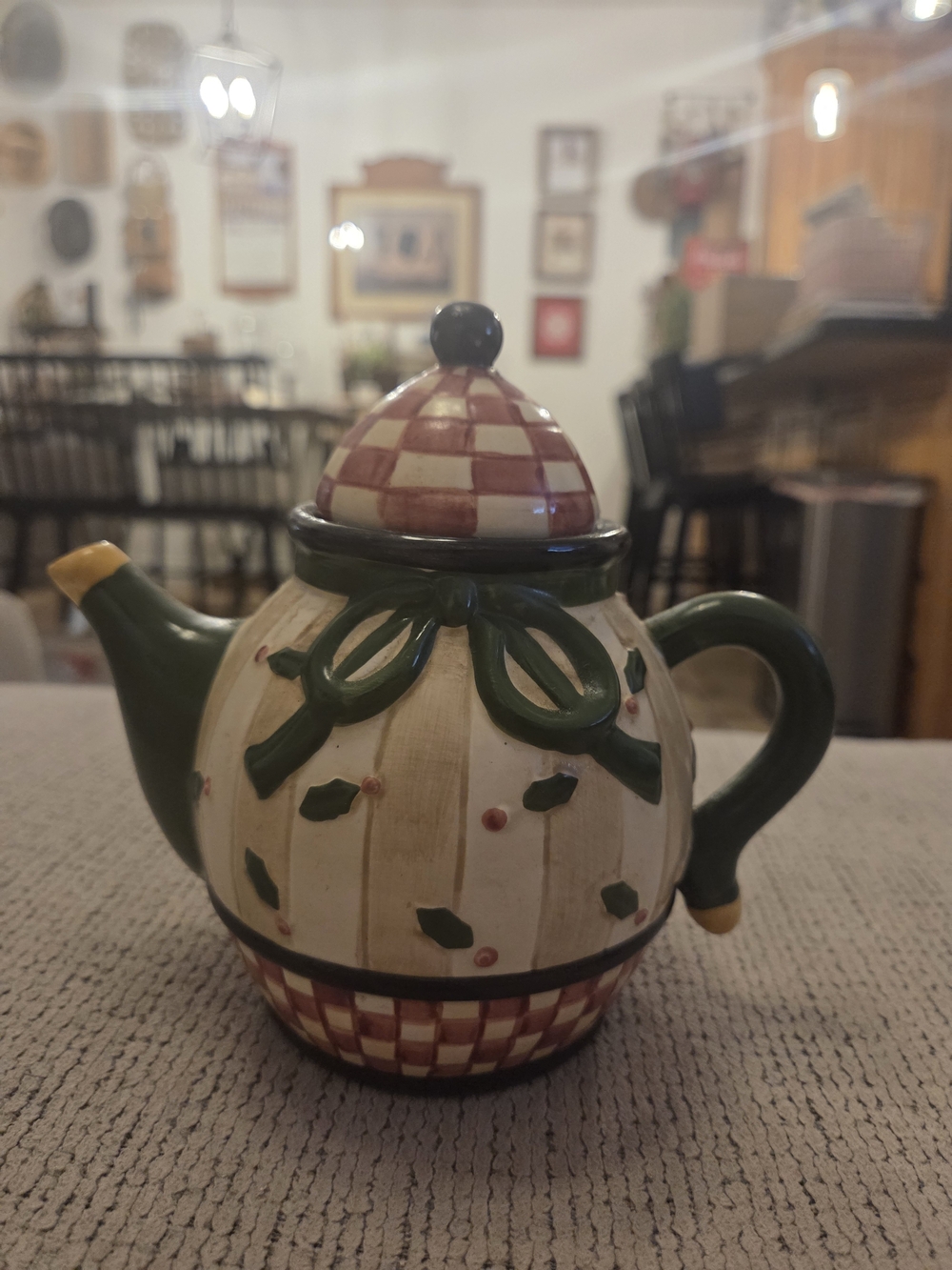 Hand-Painted Ceramic Teapot in Cream, Green and Red Checker